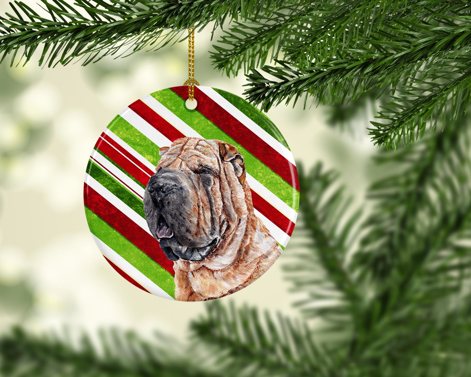 Shar Pei Candy Cane Christmas Ceramic Ornament Christmas Tree Hanging Decorations for Home Christmas Holiday, Party, Gift, 3 in, Multicolor
