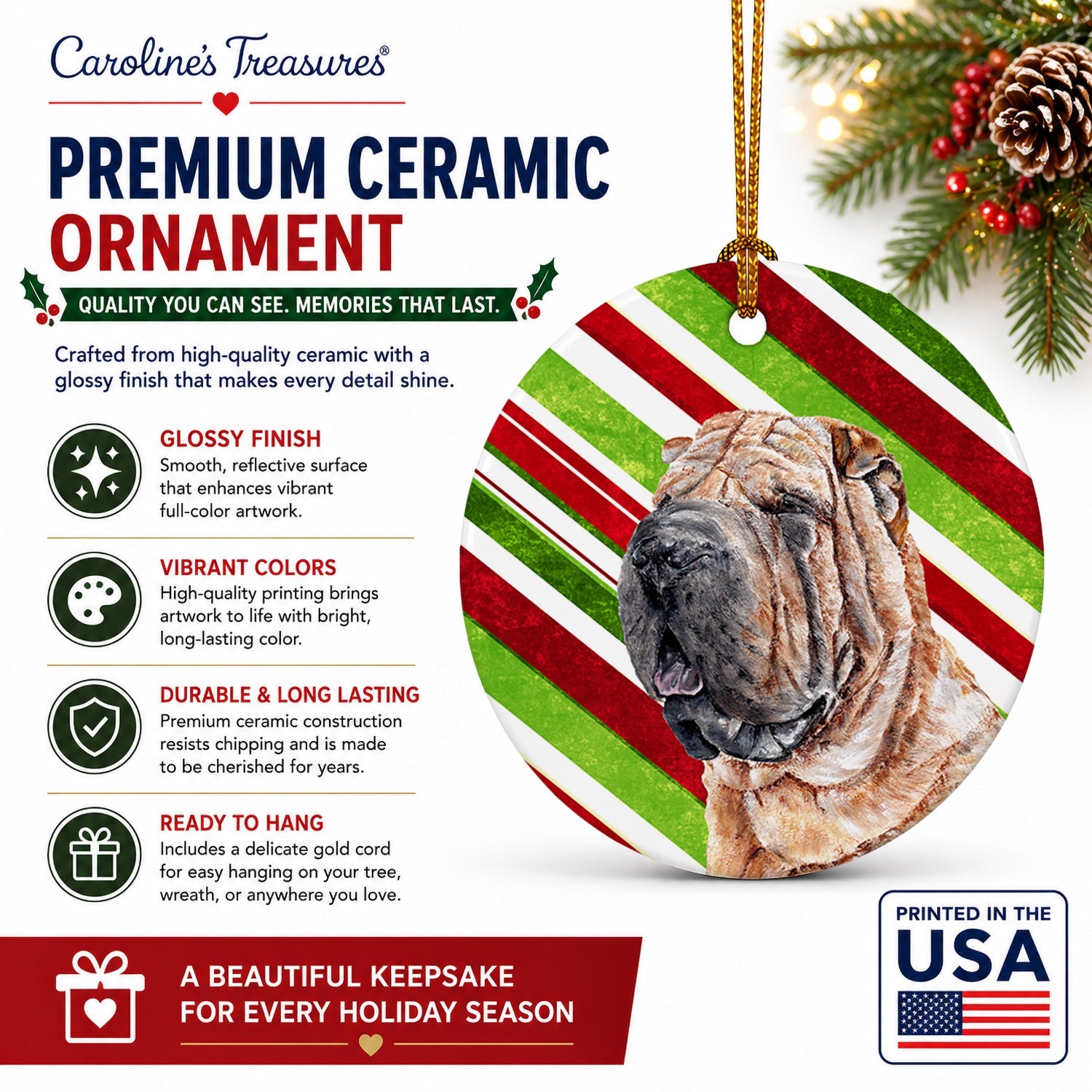 Shar Pei Candy Cane Christmas Ceramic Ornament Christmas Tree Hanging Decorations for Home Christmas Holiday, Party, Gift, 3 in, Multicolor