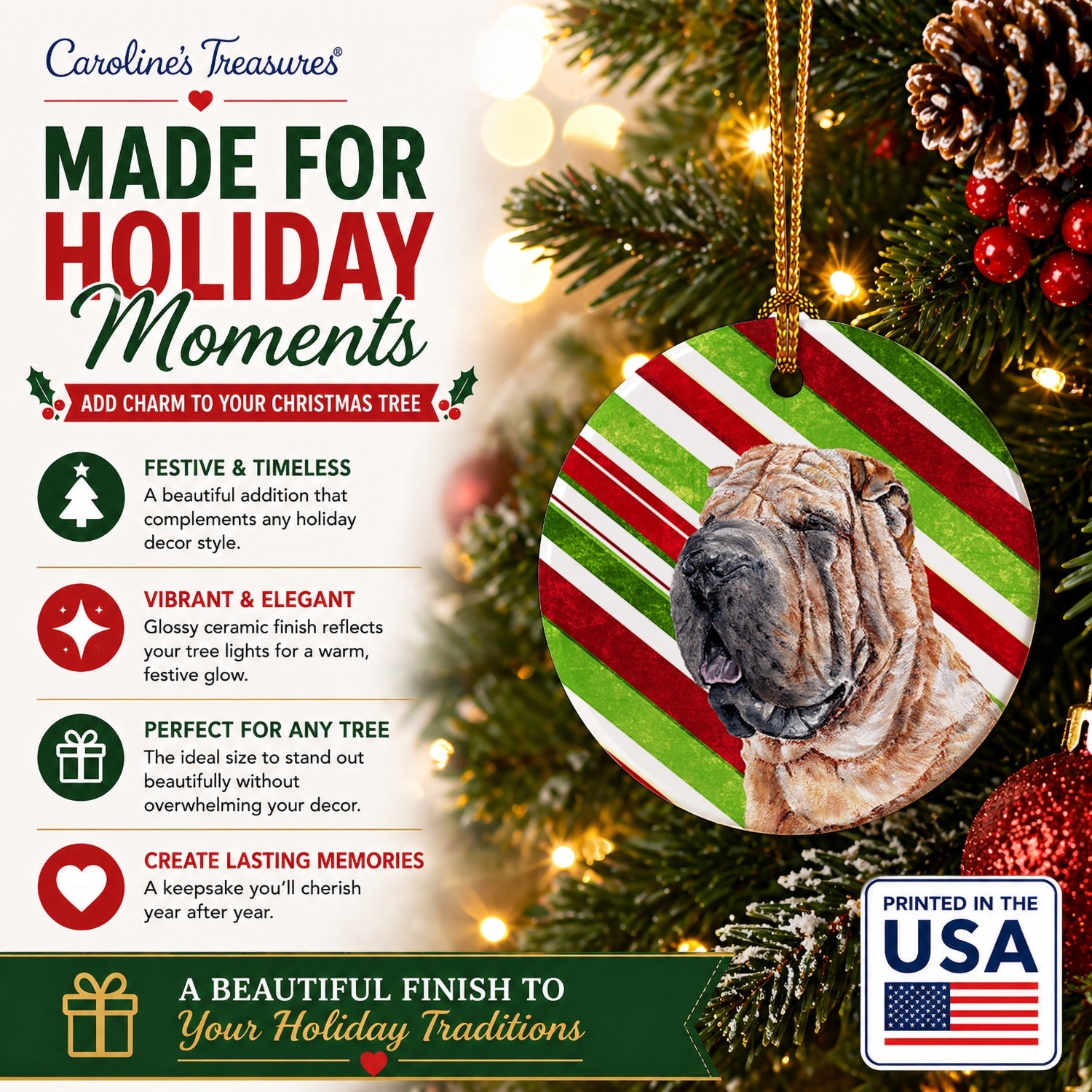 Shar Pei Candy Cane Christmas Ceramic Ornament Christmas Tree Hanging Decorations for Home Christmas Holiday, Party, Gift, 3 in, Multicolor