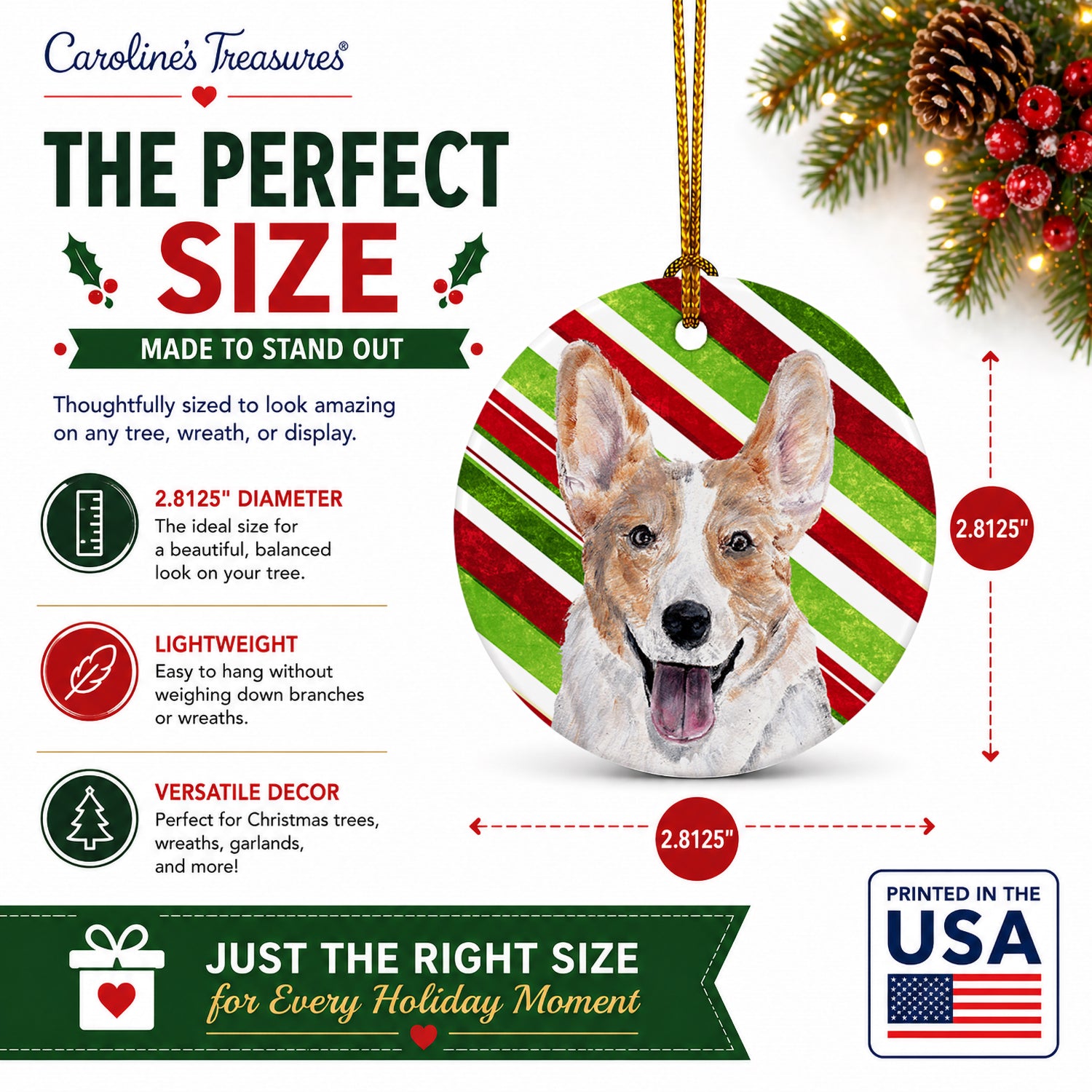 Cardigan Corgi Candy Cane Christmas Ceramic Ornament Christmas Tree Hanging Decorations for Home Christmas Holiday, Party, Gift, 3 in, Multicolor