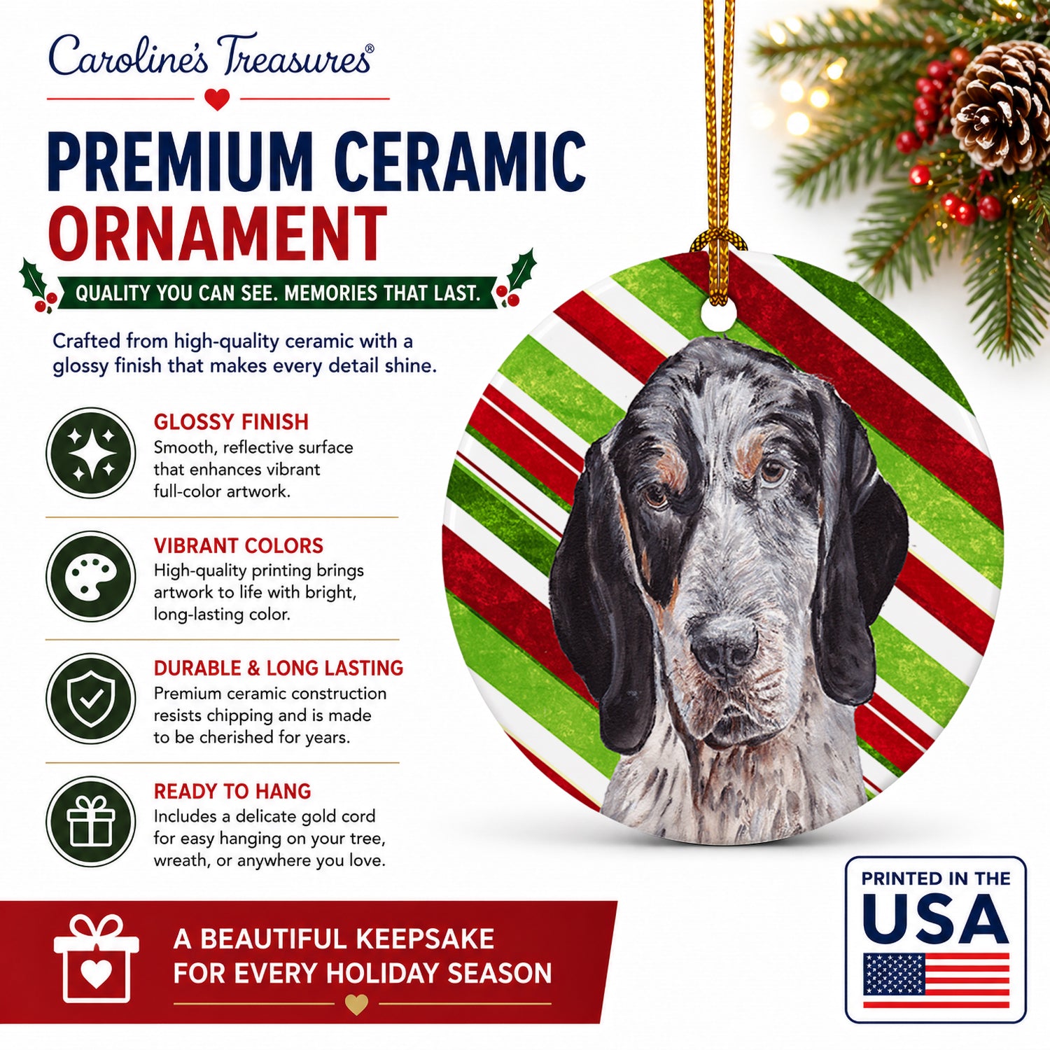 Blue Tick Coonhound Candy Cane Christmas Ceramic Ornament Christmas Tree Hanging Decorations for Home Christmas Holiday, Party, Gift, 3 in, Multicolor