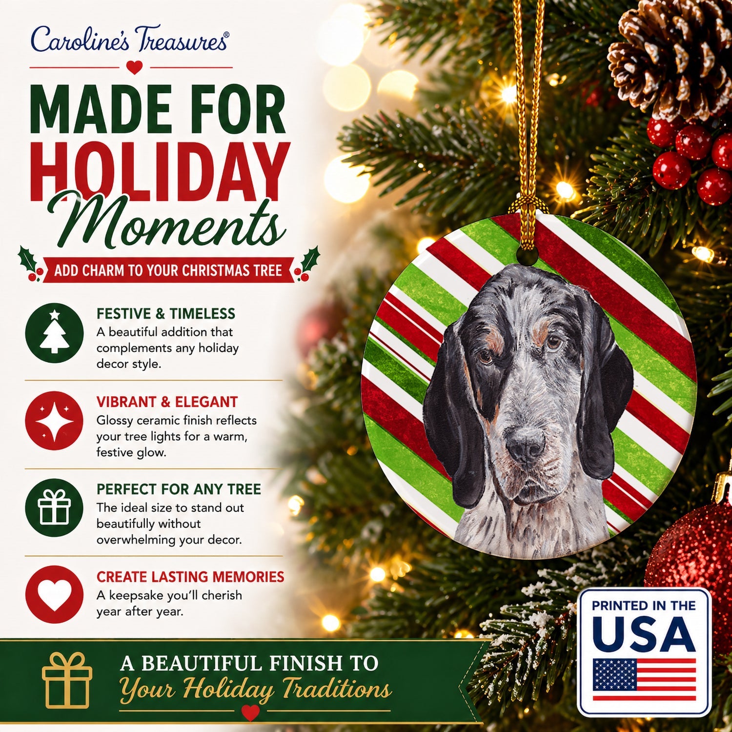 Blue Tick Coonhound Candy Cane Christmas Ceramic Ornament Christmas Tree Hanging Decorations for Home Christmas Holiday, Party, Gift, 3 in, Multicolor