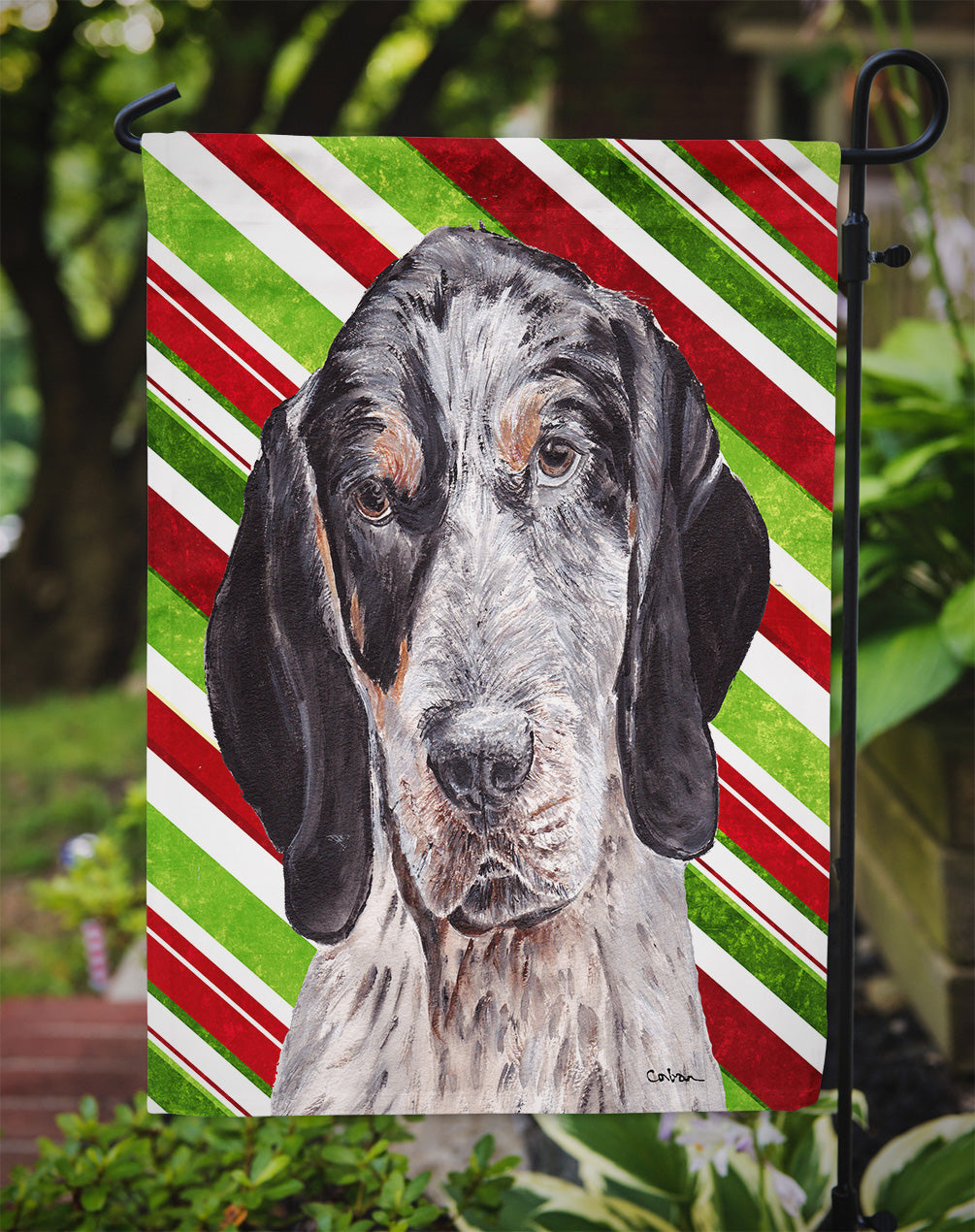 Blue Tick Coonhound Candy Cane Christmas Garden Flag Mailbox Decorative Yard Banner Outside Patio Artwork for Flower Beds, Garden Size, Multicolor