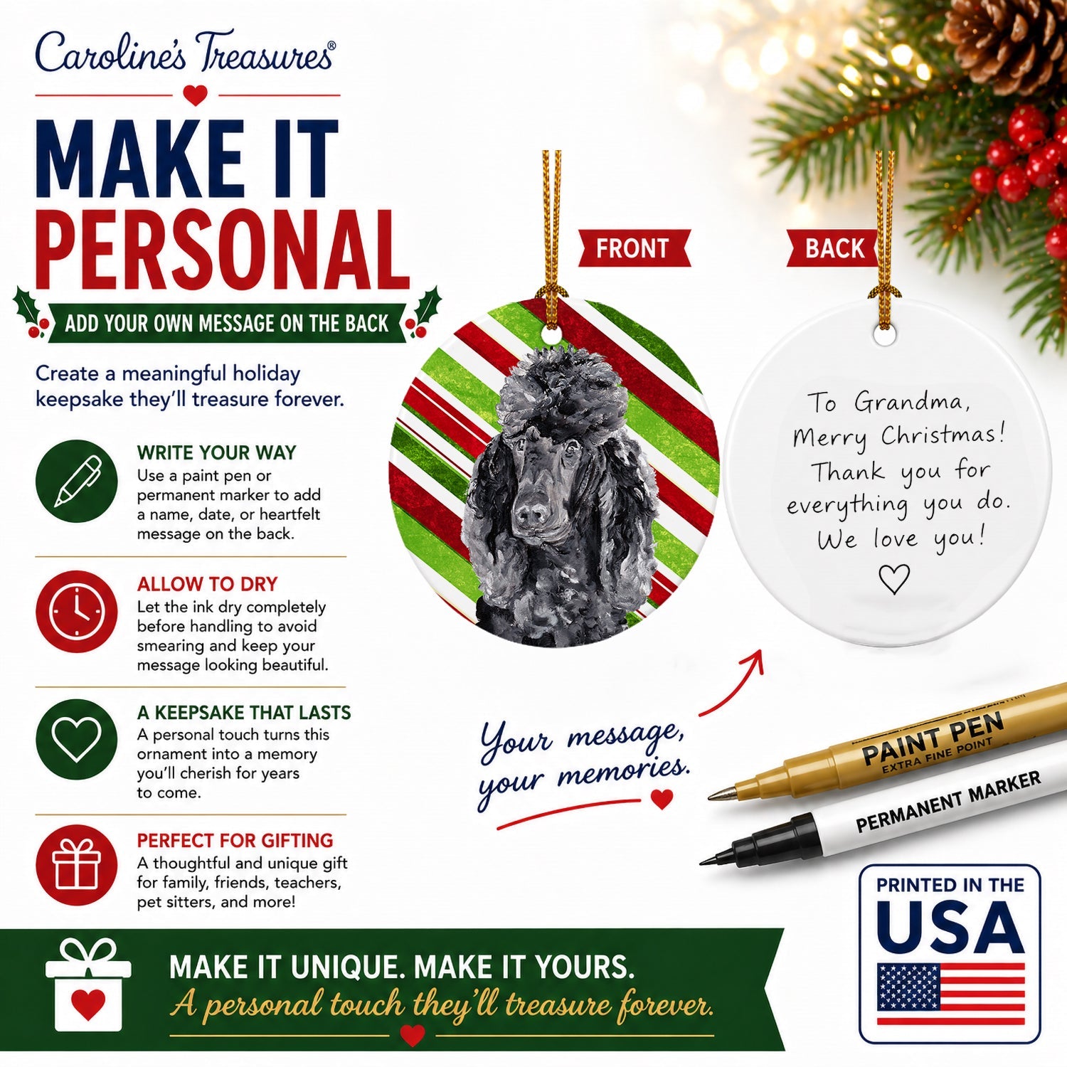 Black Standard Poodle Candy Cane Christmas Ceramic Ornament Christmas Tree Hanging Decorations for Home Christmas Holiday, Party, Gift, 3 in, Multicolor