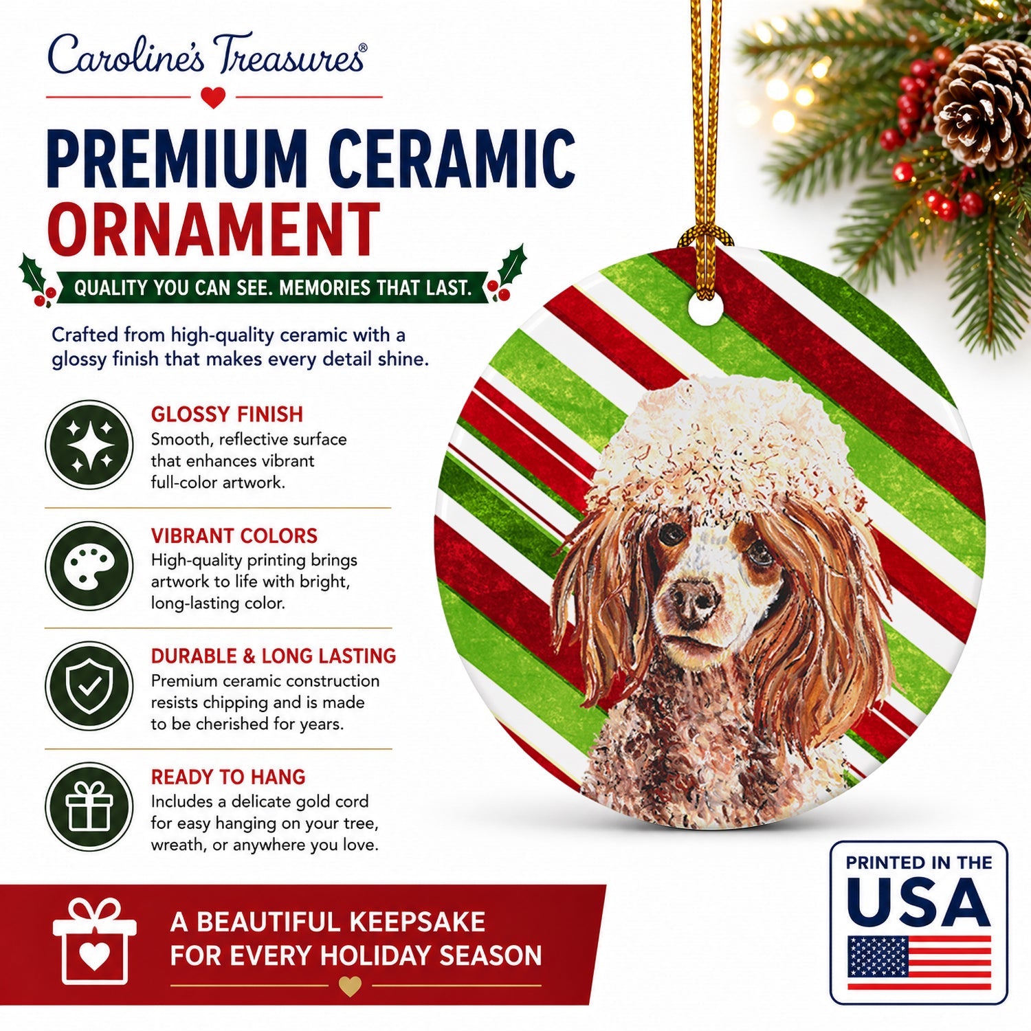 Red Miniature Poodle Candy Cane Christmas Ceramic Ornament Christmas Tree Hanging Decorations for Home Christmas Holiday, Party, Gift, 3 in, Multicolor