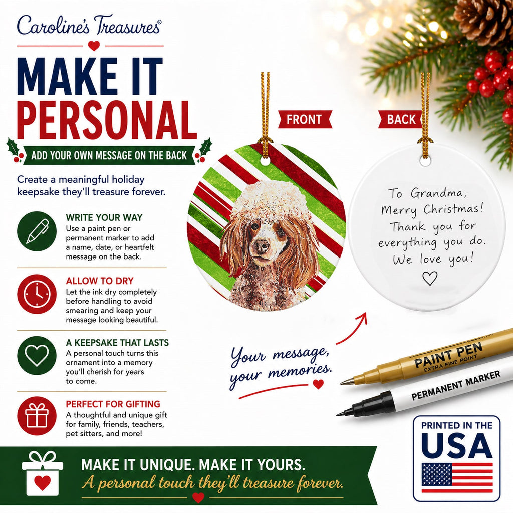 Red Miniature Poodle Candy Cane Christmas Ceramic Ornament Christmas Tree Hanging Decorations for Home Christmas Holiday, Party, Gift, 3 in, Multicolor