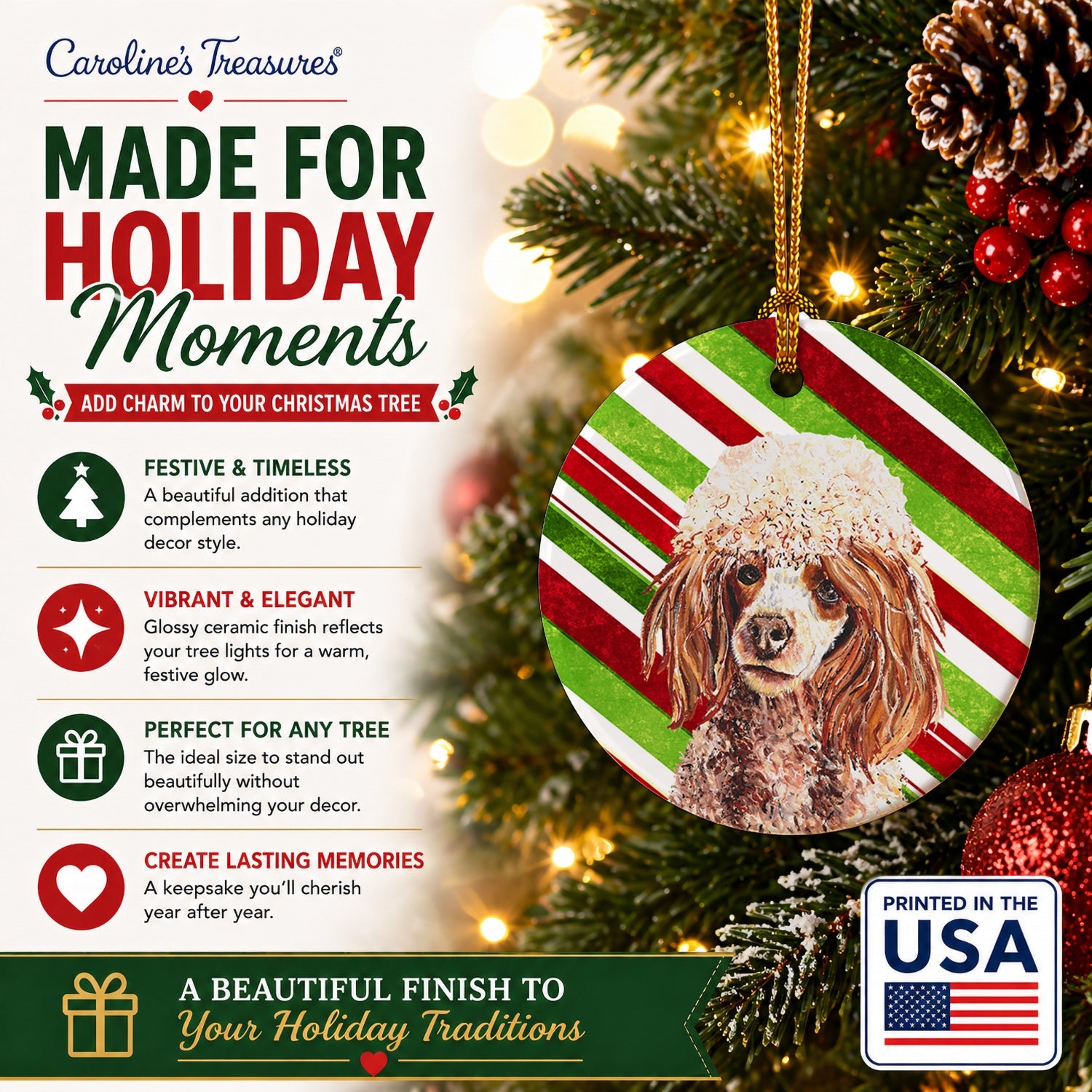 Red Miniature Poodle Candy Cane Christmas Ceramic Ornament Christmas Tree Hanging Decorations for Home Christmas Holiday, Party, Gift, 3 in, Multicolor