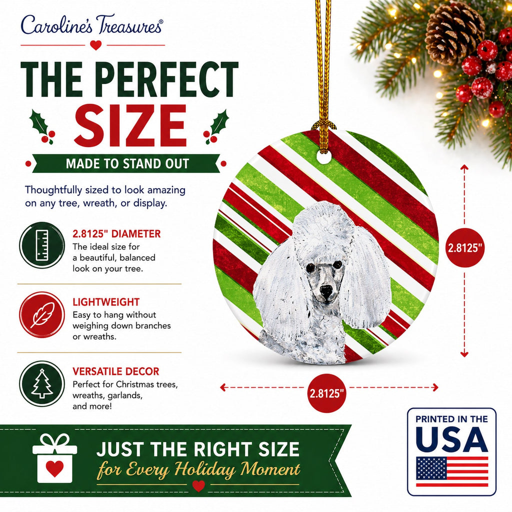 White Toy Poodle Candy Cane Christmas Ceramic Ornament Christmas Tree Hanging Decorations for Home Christmas Holiday, Party, Gift, 3 in, Multicolor