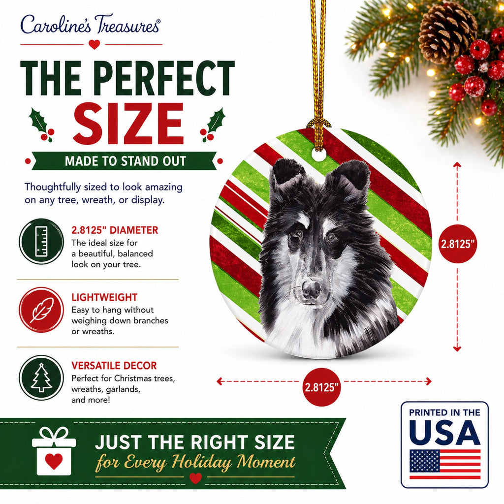 Black and White Collie Candy Cane Christmas Ceramic Ornament Christmas Tree Hanging Decorations for Home Christmas Holiday, Party, Gift, 3 in, Multicolor