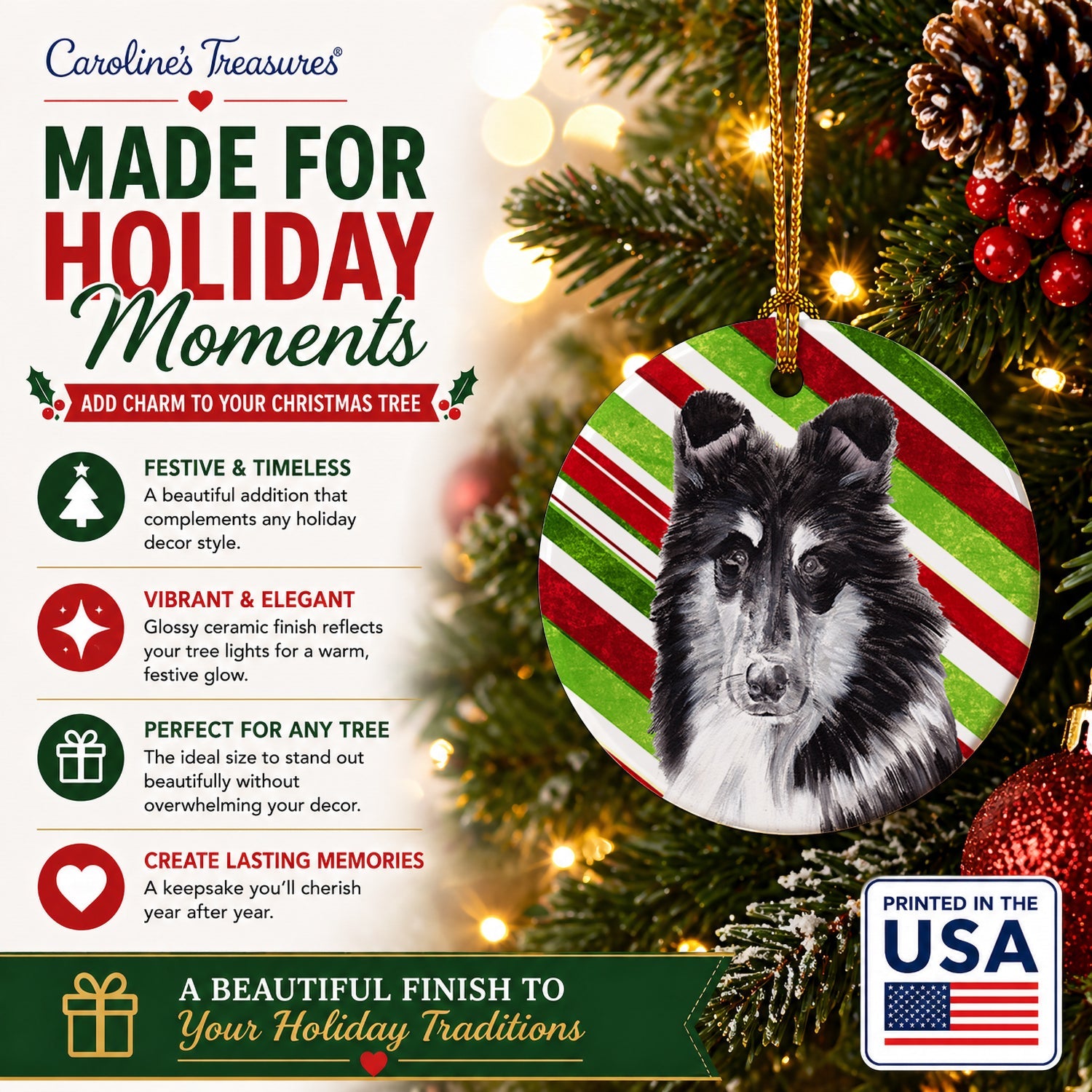 Black and White Collie Candy Cane Christmas Ceramic Ornament Christmas Tree Hanging Decorations for Home Christmas Holiday, Party, Gift, 3 in, Multicolor