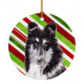 Black and White Collie Candy Cane Christmas Ceramic Ornament Christmas Tree Hanging Decorations for Home Christmas Holiday, Party, Gift, 3 in, Multicolor