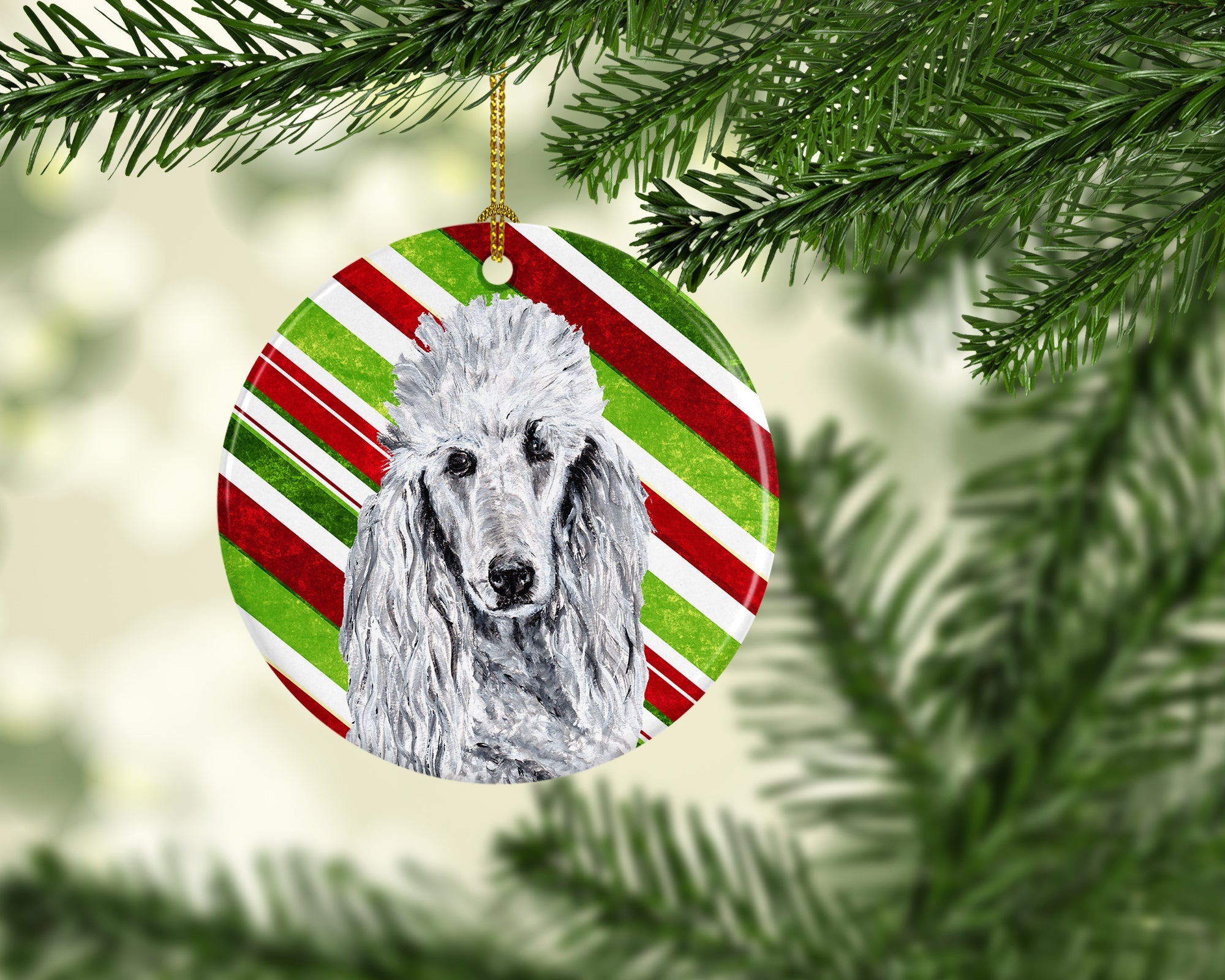 White Standard Poodle Candy Cane Christmas Ceramic Ornament Christmas Tree Hanging Decorations for Home Christmas Holiday, Party, Gift, 3 in, Multicolor