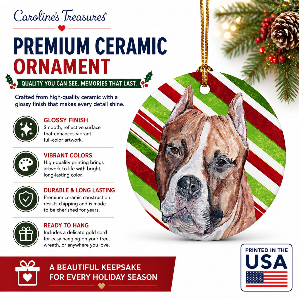 Staffordshire Bull Terrier Staffie Candy Cane Christmas Ceramic Ornament Christmas Tree Hanging Decorations for Home Christmas Holiday, Party, Gift, 3 in, Multicolor