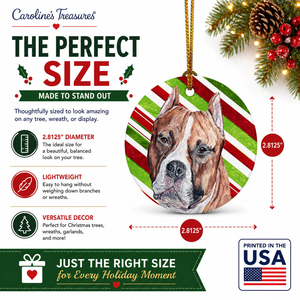 Staffordshire Bull Terrier Staffie Candy Cane Christmas Ceramic Ornament Christmas Tree Hanging Decorations for Home Christmas Holiday, Party, Gift, 3 in, Multicolor