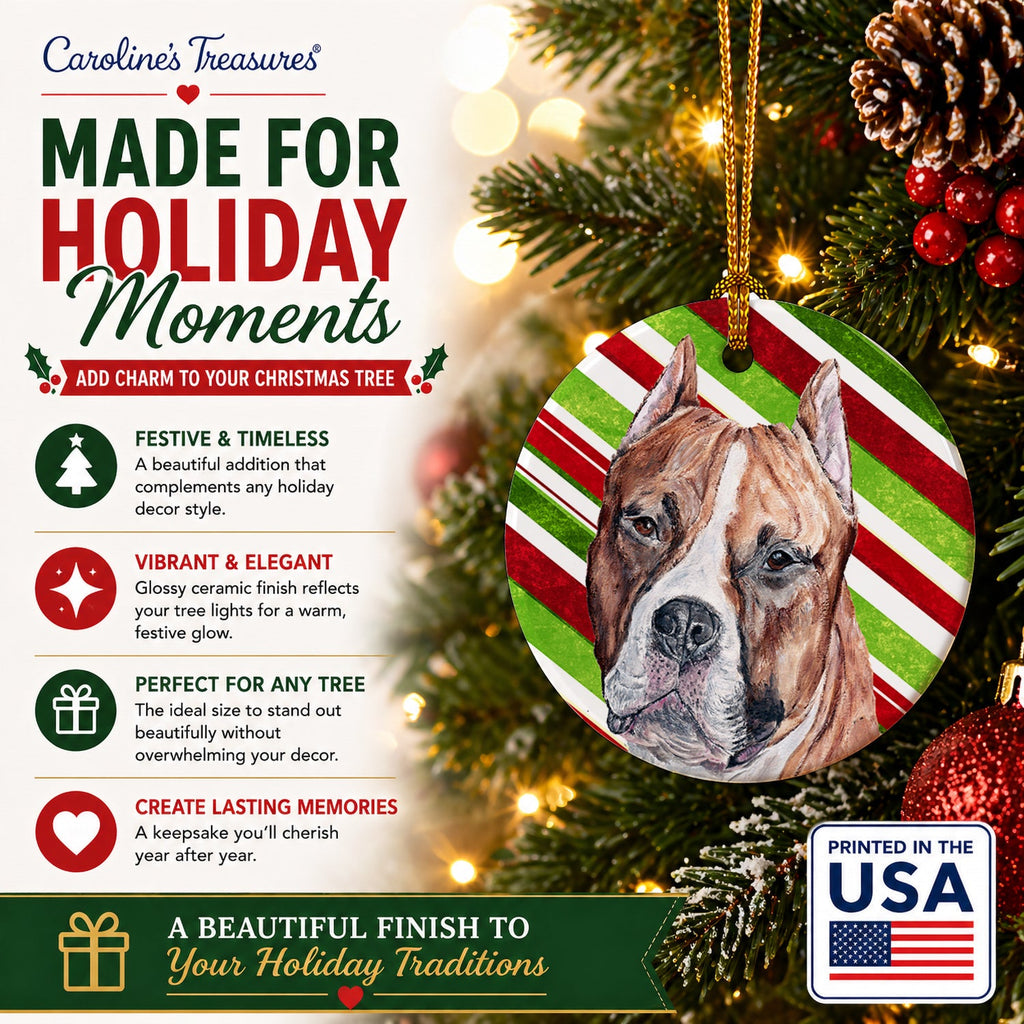 Staffordshire Bull Terrier Staffie Candy Cane Christmas Ceramic Ornament Christmas Tree Hanging Decorations for Home Christmas Holiday, Party, Gift, 3 in, Multicolor