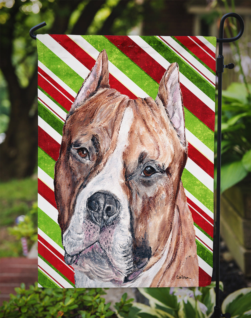 Staffordshire Bull Terrier Staffie Candy Cane Christmas Garden Flag Mailbox Decorative Yard Banner Outside Patio Artwork for Flower Beds, Garden Size, Multicolor