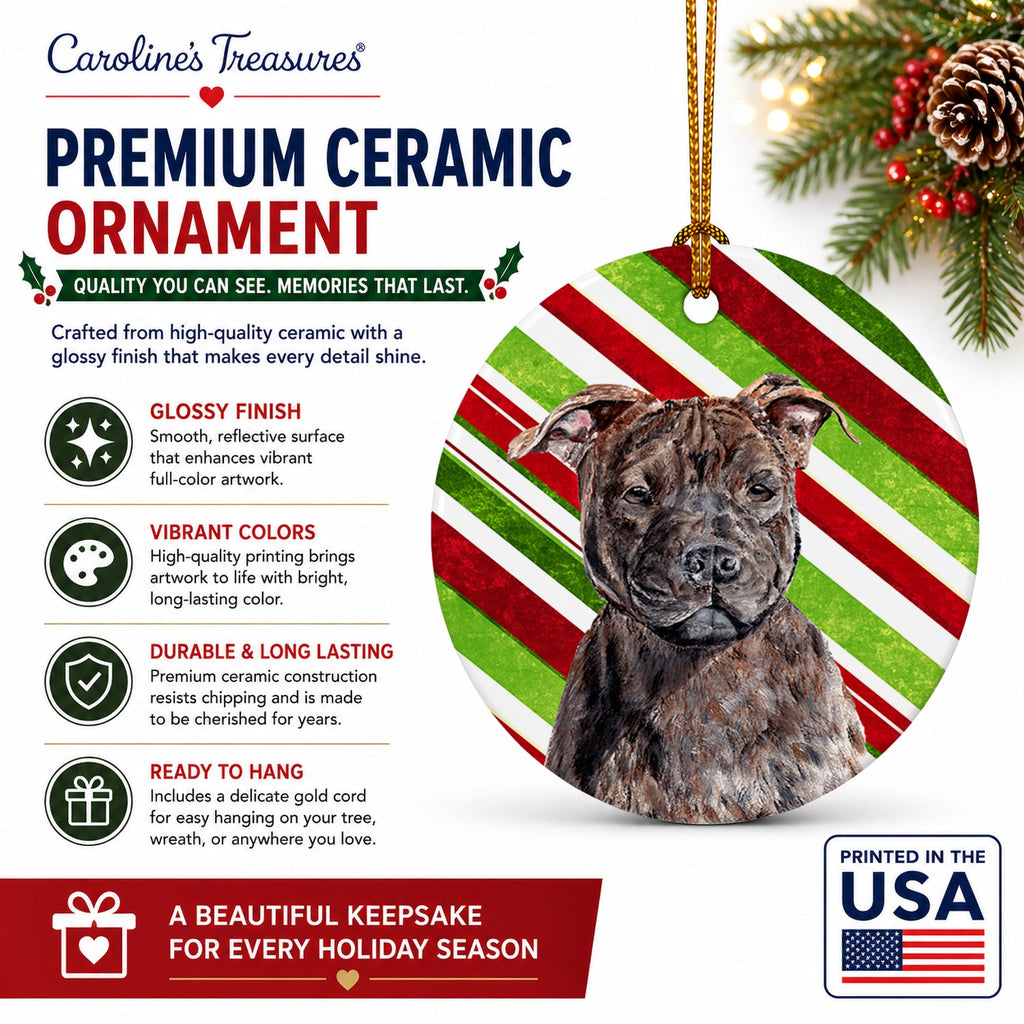 Staffordshire Bull Terrier Staffie Candy Cane Christmas Ceramic Ornament Christmas Tree Hanging Decorations for Home Christmas Holiday, Party, Gift, 3 in, Multicolor