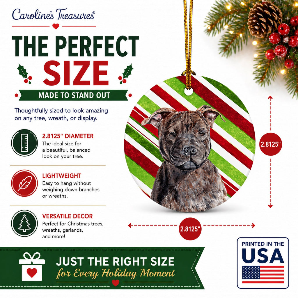Staffordshire Bull Terrier Staffie Candy Cane Christmas Ceramic Ornament Christmas Tree Hanging Decorations for Home Christmas Holiday, Party, Gift, 3 in, Multicolor