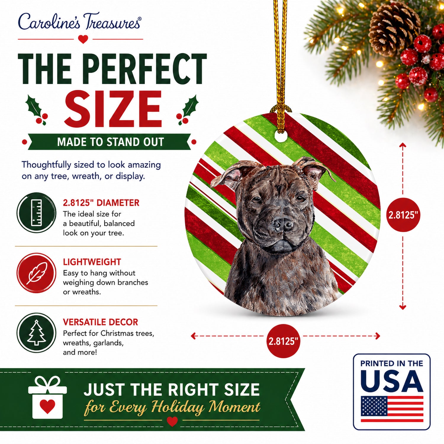 Staffordshire Bull Terrier Staffie Candy Cane Christmas Ceramic Ornament Christmas Tree Hanging Decorations for Home Christmas Holiday, Party, Gift, 3 in, Multicolor