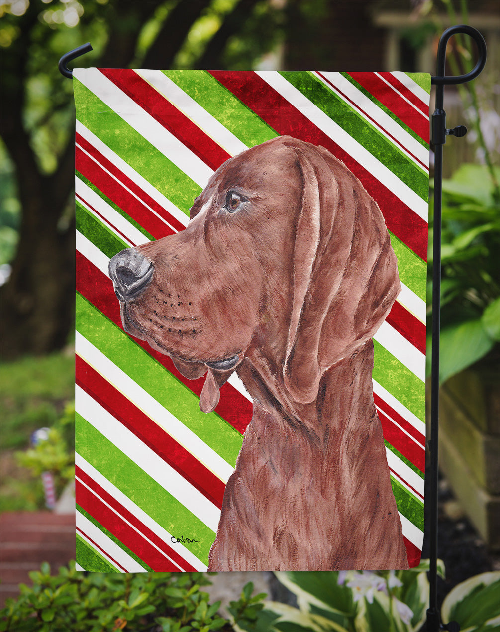 Redbone Coonhound Candy Cane Christmas Garden Flag Mailbox Decorative Yard Banner Outside Patio Artwork for Flower Beds, Garden Size, Multicolor