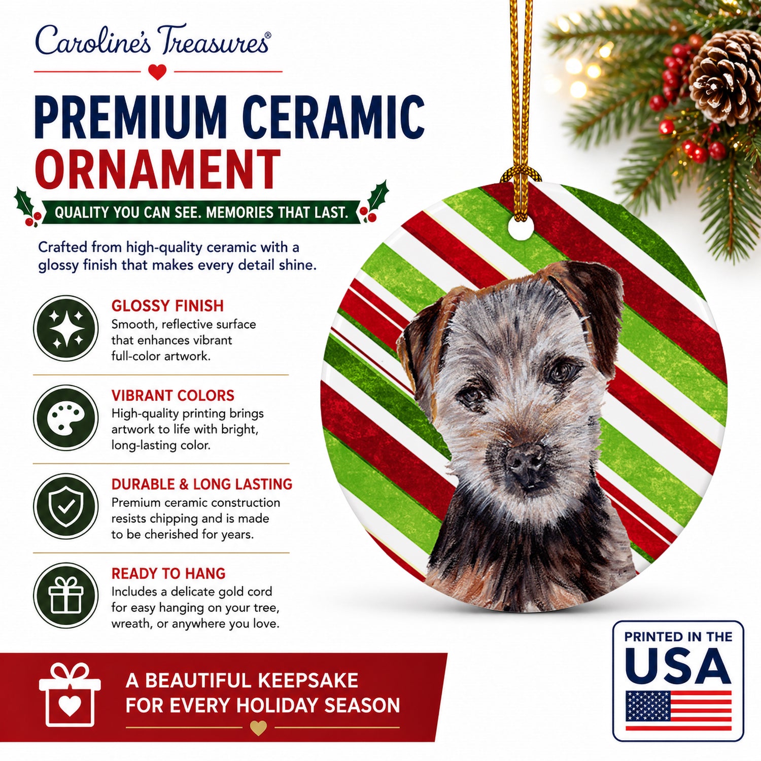 Norfolk Terrier Puppy Candy Cane Christmas Ceramic Ornament Christmas Tree Hanging Decorations for Home Christmas Holiday, Party, Gift, 3 in, Multicolor