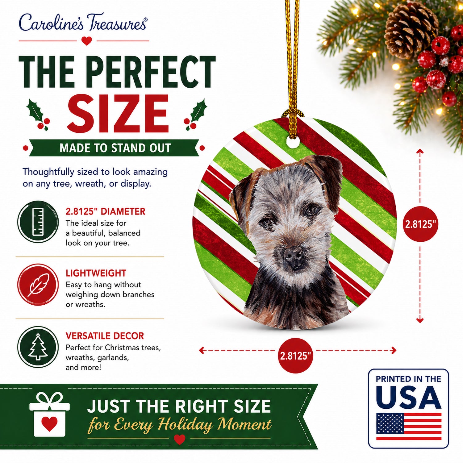 Norfolk Terrier Puppy Candy Cane Christmas Ceramic Ornament Christmas Tree Hanging Decorations for Home Christmas Holiday, Party, Gift, 3 in, Multicolor
