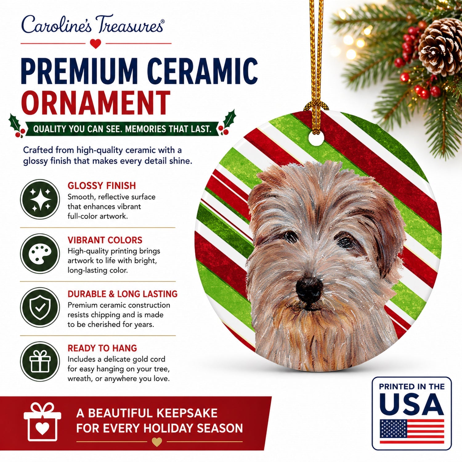 Norfolk Terrier Candy Cane Christmas Ceramic Ornament Christmas Tree Hanging Decorations for Home Christmas Holiday, Party, Gift, 3 in, Multicolor