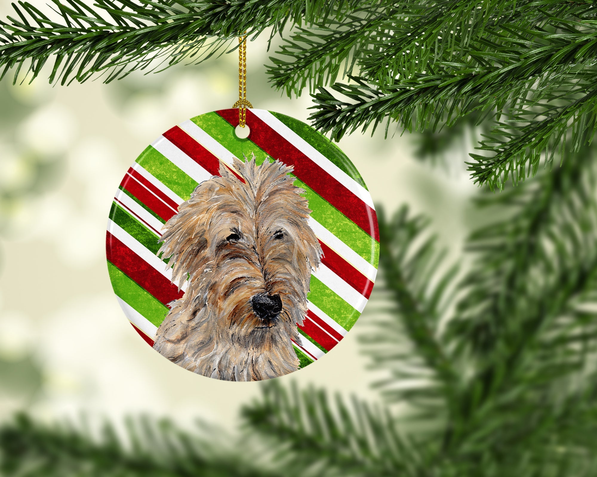 Golden Doodle 2 Candy Cane Christmas Ceramic Ornament Christmas Tree Hanging Decorations for Home Christmas Holiday, Party, Gift, 3 in, Multicolor