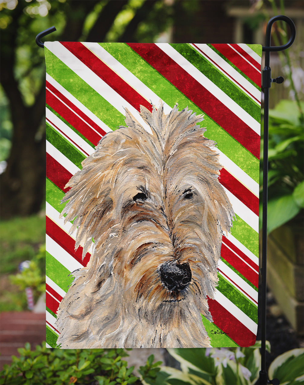 Golden Doodle 2 Candy Cane Christmas Garden Flag Mailbox Decorative Yard Banner Outside Patio Artwork for Flower Beds, Garden Size, Multicolor