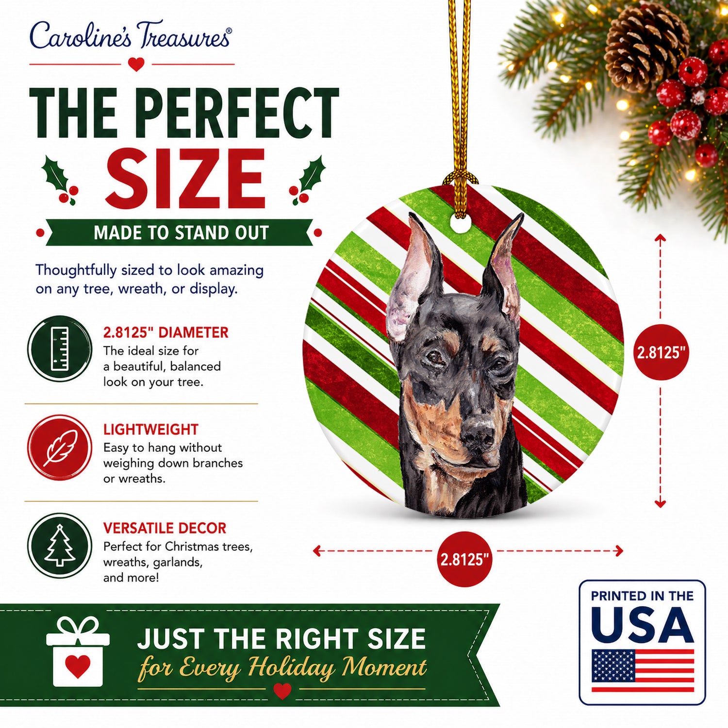 German Pinscher Candy Cane Christmas Ceramic Ornament Christmas Tree Hanging Decorations for Home Christmas Holiday, Party, Gift, 3 in, Multicolor