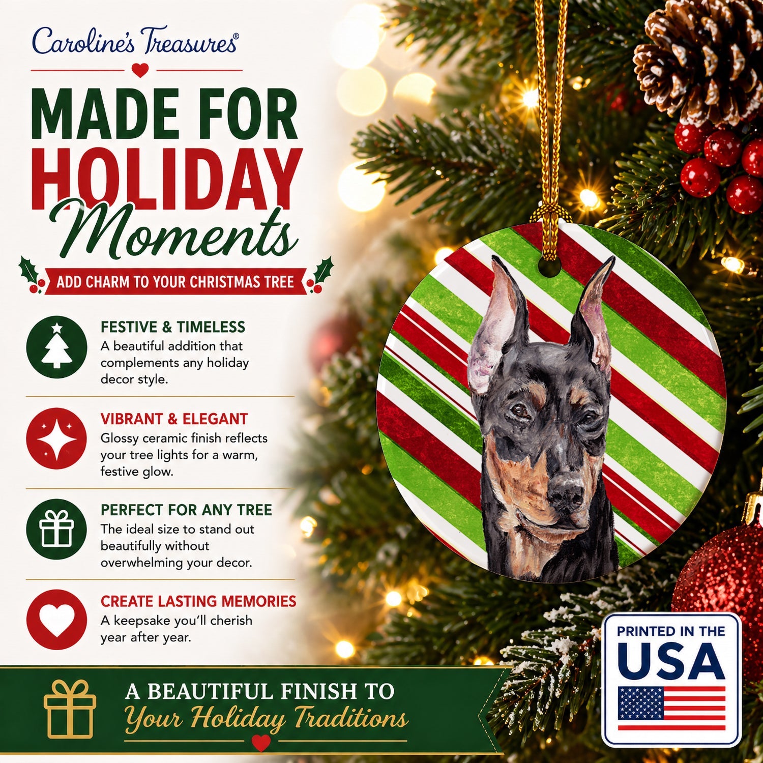 German Pinscher Candy Cane Christmas Ceramic Ornament Christmas Tree Hanging Decorations for Home Christmas Holiday, Party, Gift, 3 in, Multicolor