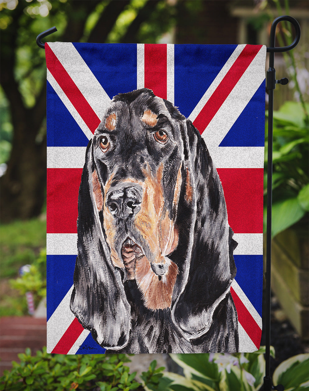 Black and Tan Coonhound with English Union Jack British Flag Garden Flag Mailbox Decorative Yard Banner Outside Patio Artwork for Flower Beds, Garden Size, Multicolor