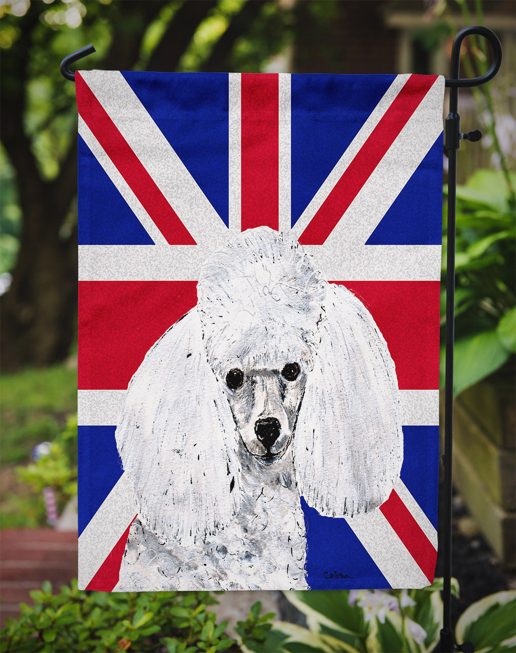 White Toy Poodle with English Union Jack British Flag Garden Flag Mailbox Decorative Yard Banner Outside Patio Artwork for Flower Beds, Garden Size, Multicolor