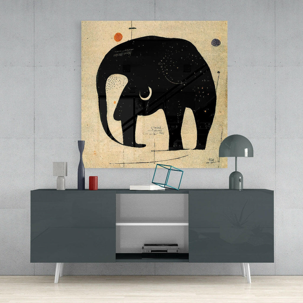 Minimalist Black Elephant On Beige Glass Wall Art