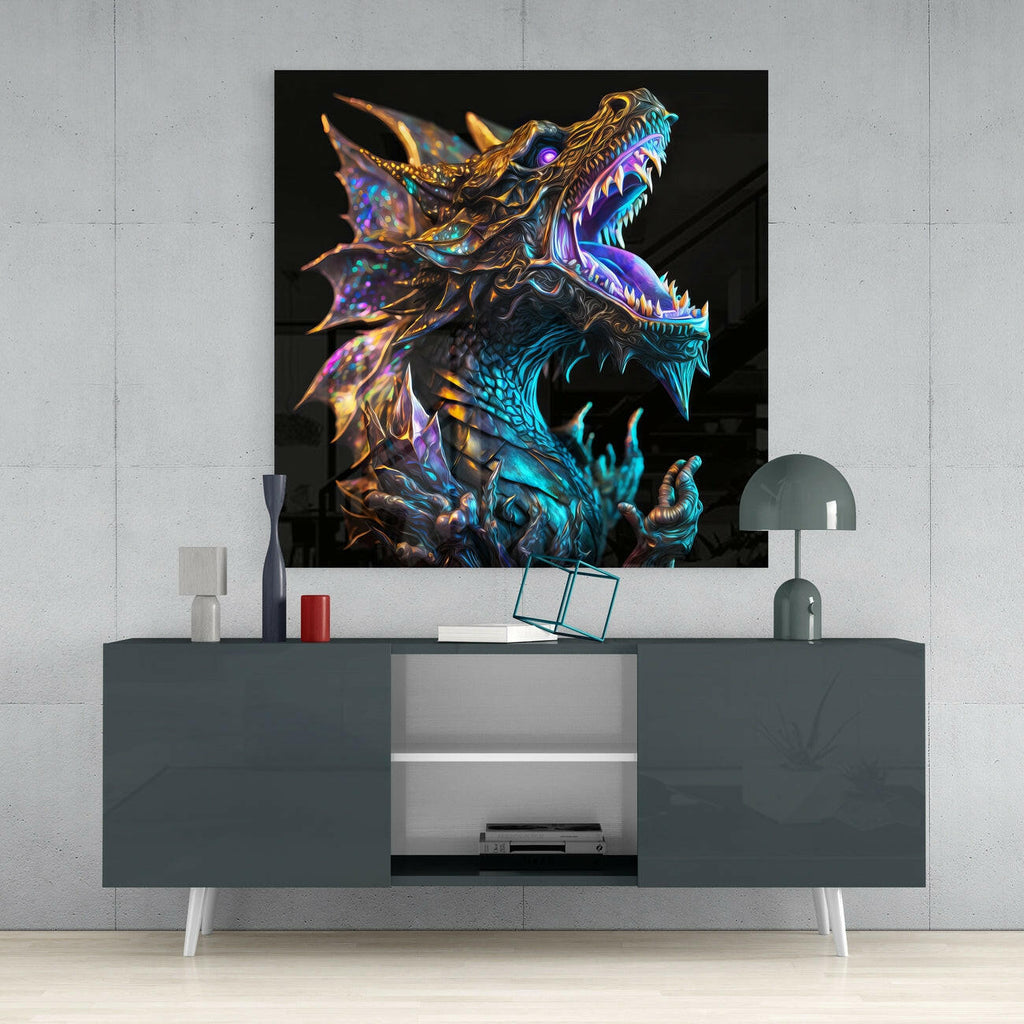 Iridescent Teal Roaring Dragon on Black Glass Wall Art