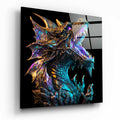 Iridescent Teal Roaring Dragon on Black Glass Wall Art