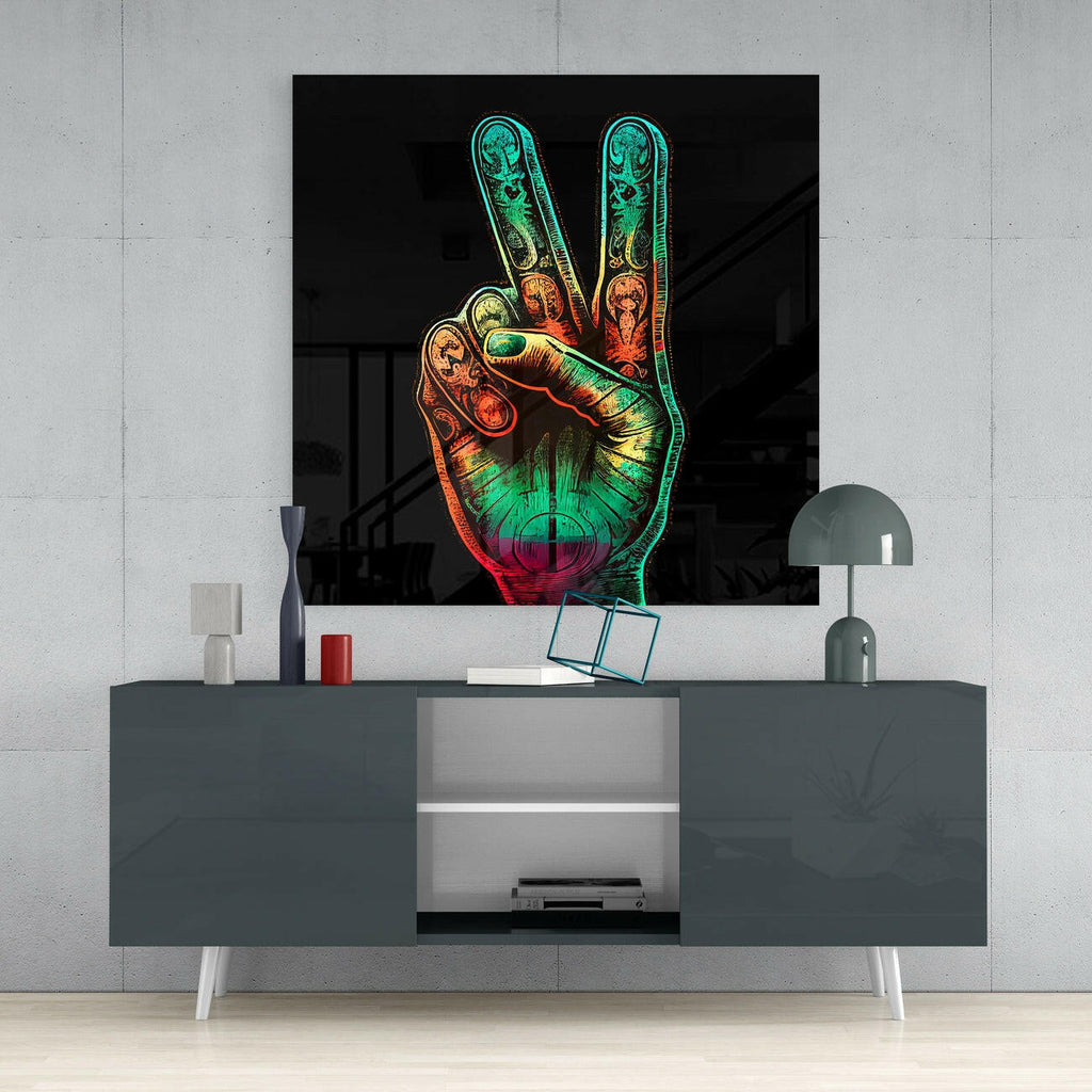 Colorful Peace Fingers Hand Sign Glass Wall Art