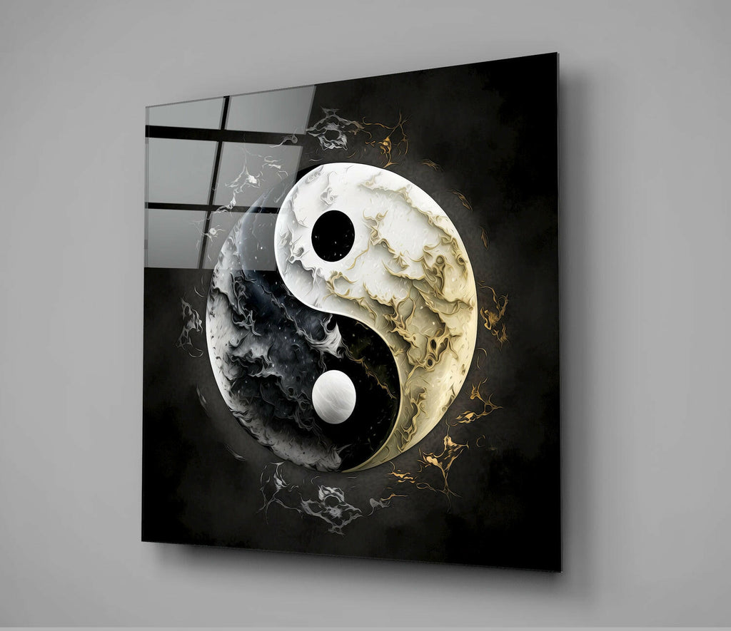 Marbled Black White Yin Yang Glass Wall Art