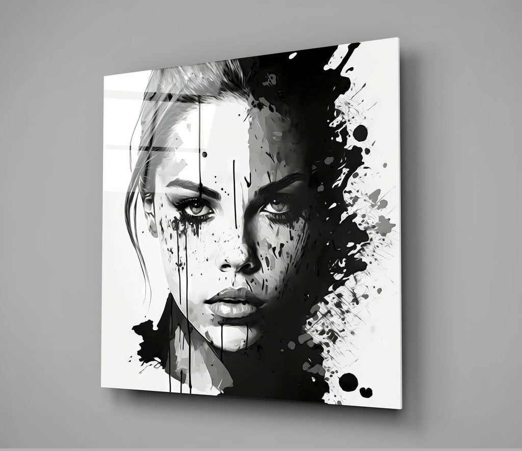 Black and White Ink Splash Woman Face Glass Wall Art
