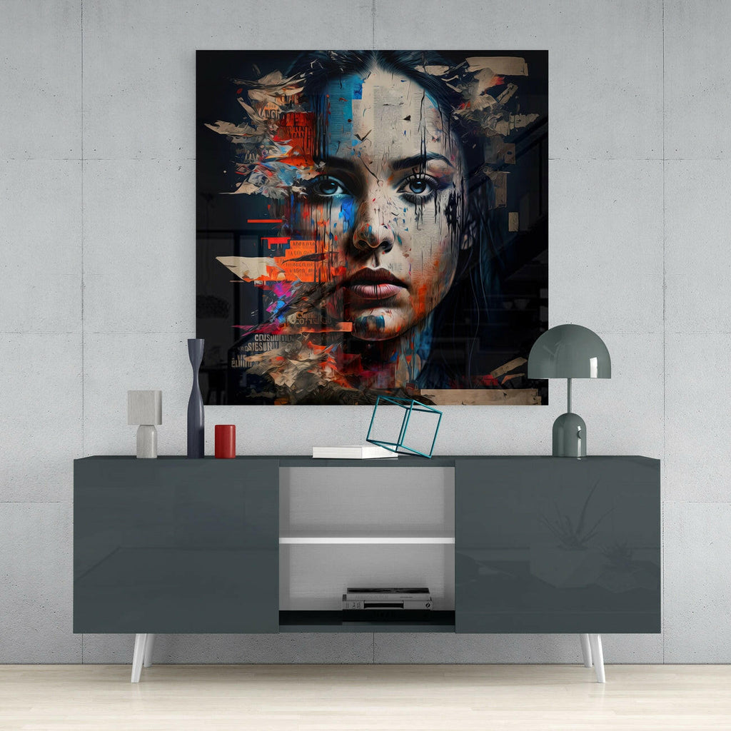 Newsprint Collage Woman Face Glass Wall Art