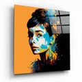 Orange Backdrop Blue Splash Woman Portrait Glass Wall Art