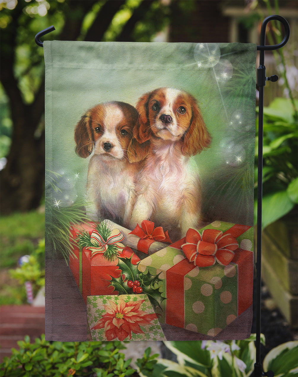 Cavalier Spaniels and Christmas Presents Garden Flag Mailbox Decorative Yard Banner Outside Patio Artwork for Flower Beds, Garden Size, Multicolor