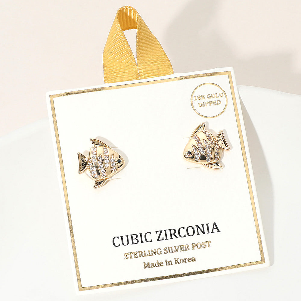 18K Gold Dipped CZ Stone Paved Fish Stud Earrings