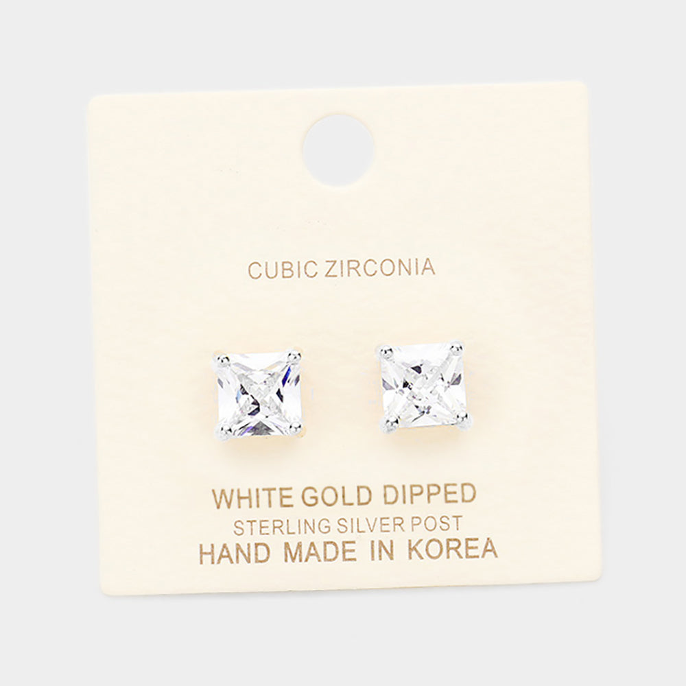 White Gold Dipped 8mm Cubic Zirconia Square Stud Earrings