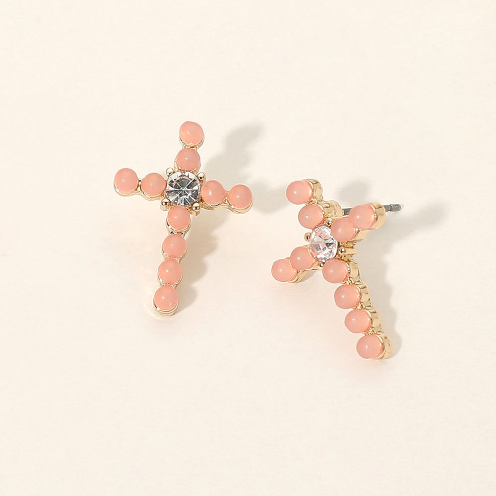 Rhinestone Center Beaded Cross Stud Earrings
