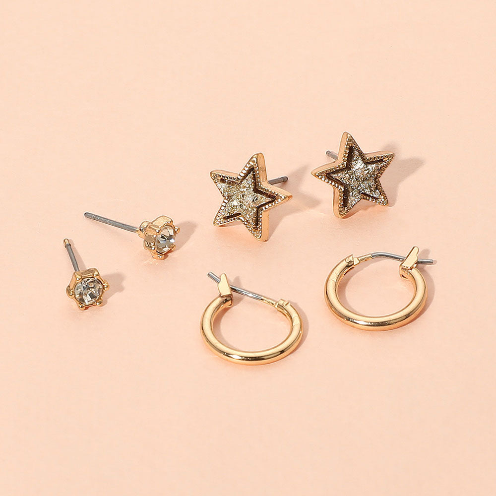 3Pairs - Brass Metal Round Stone Druzy Star Hoop Earring Set