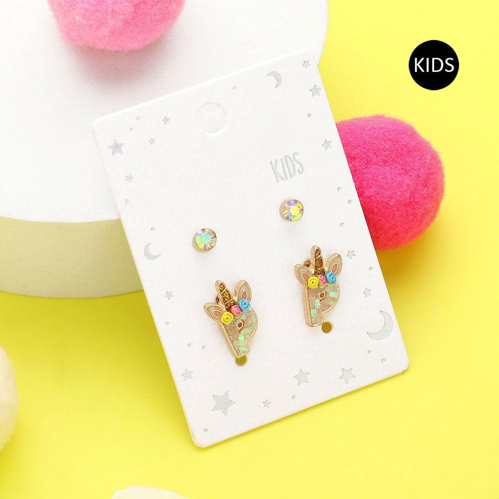 2Pairs - P Round Stone Unicorn Initial Monogram Stud Kids Earrings