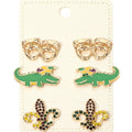 3Pairs - Mardi Gras Mask Crocodile Fleur de Lis Stud Earring Set