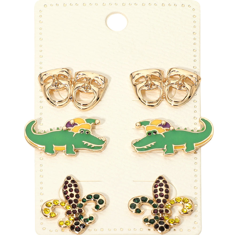 3Pairs - Mardi Gras Mask Crocodile Fleur de Lis Stud Earring Set