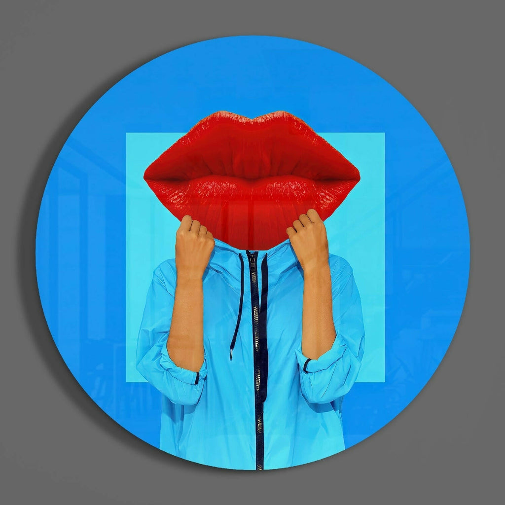 Round Red Lips Face Blue Pop Glass Wall Art
